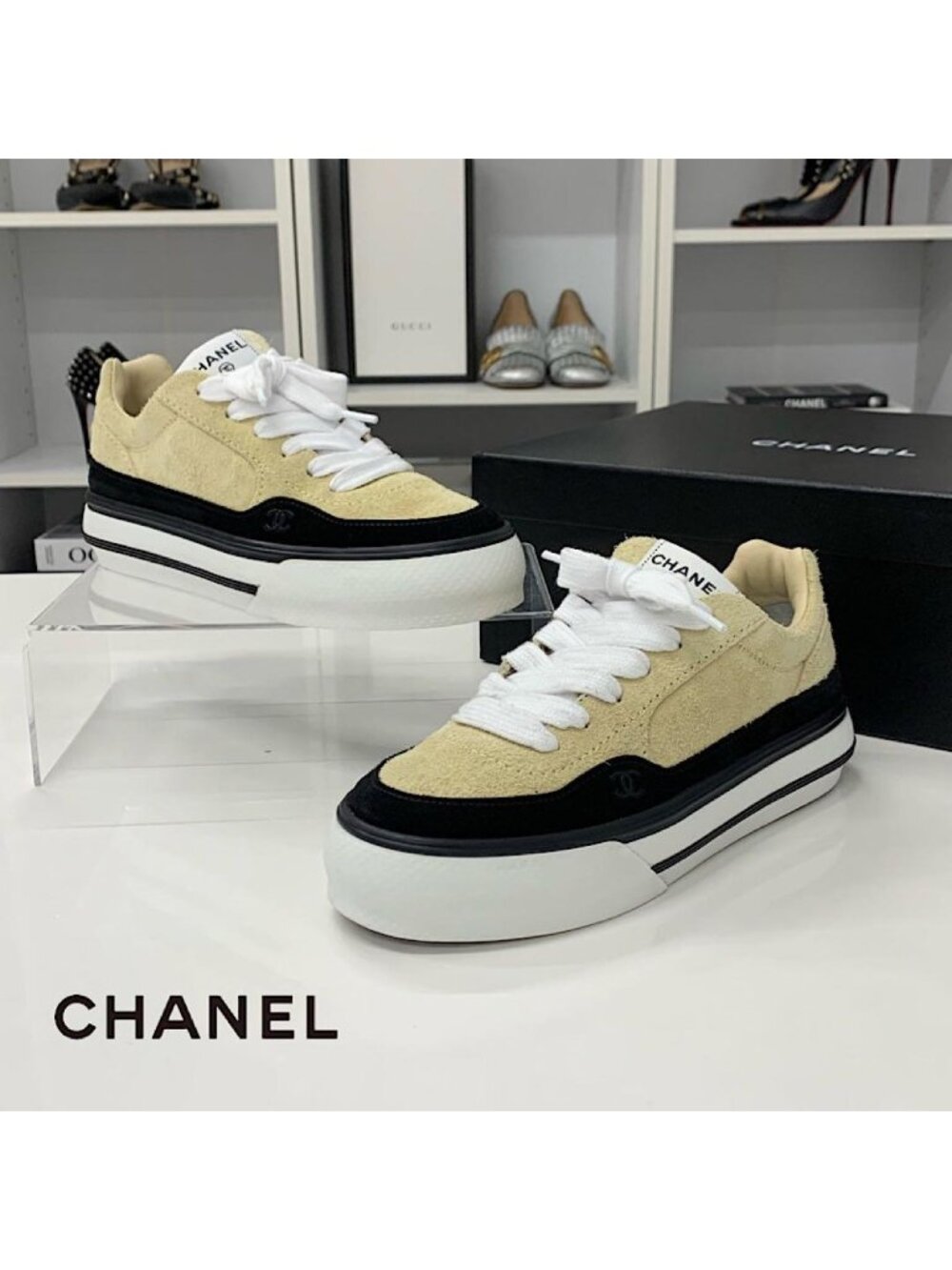 Chanel CC Logo Suede Sneakers Beige
